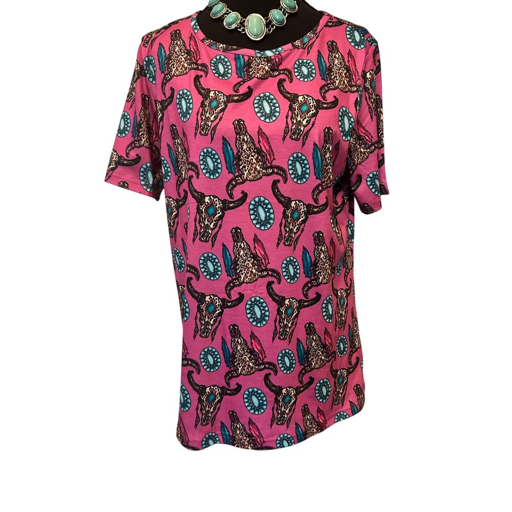 NWT Southern Stitch Pink Western Bull Skull Tee Womens Small Coastal Cowgirl Top